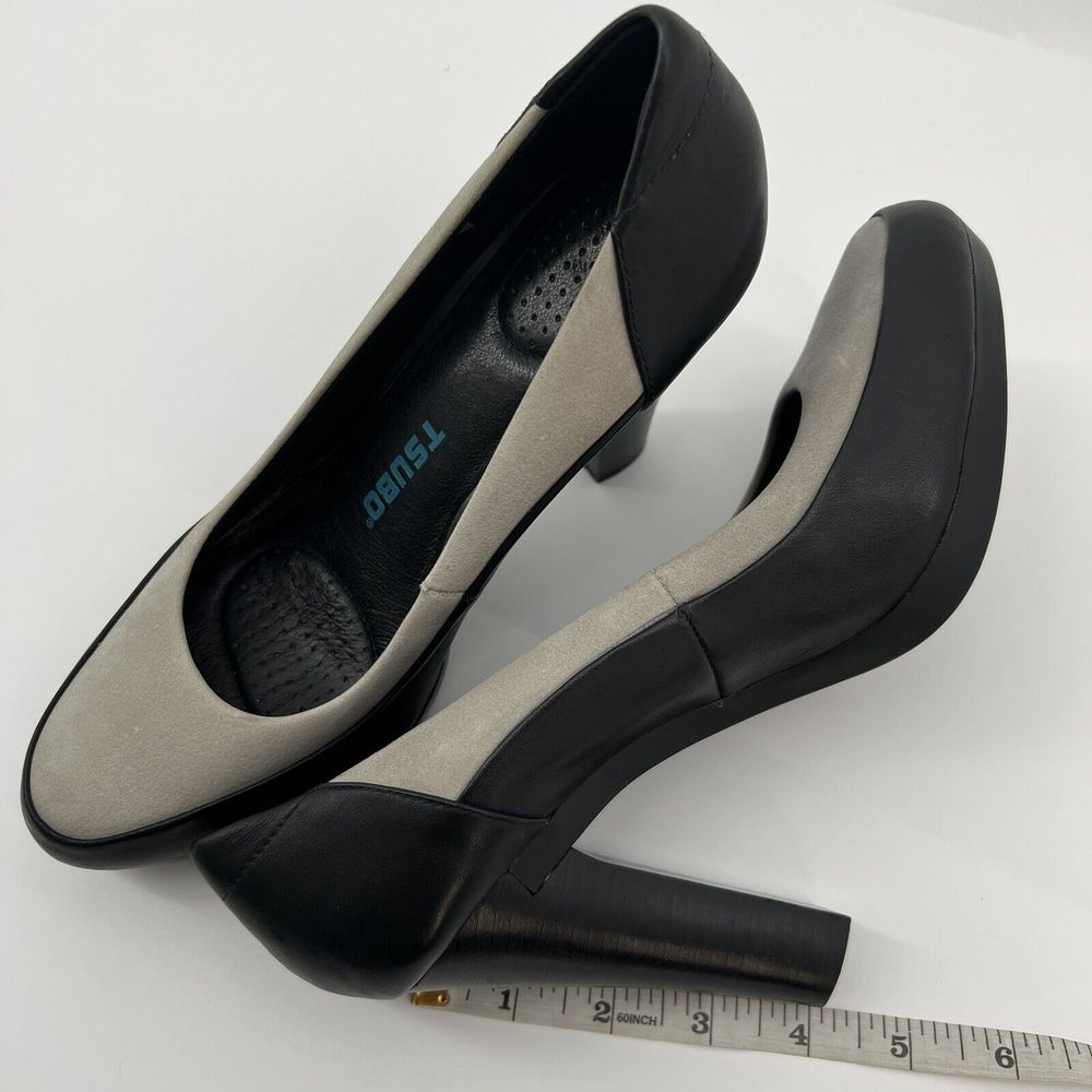 Tsubo Pumps Women's 8.5 Black Leather Gray Suede Stacked 4” Heels Buttery Soft‎ - Picture 11 of 11